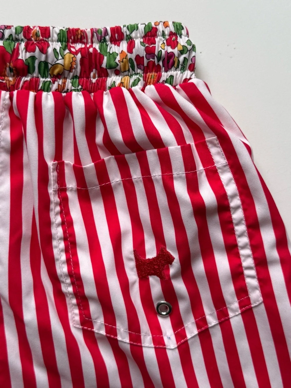 Sal & Pimenta Boys Swim Trunks - Red Stripes Liberty Floral Waistband - Size 10